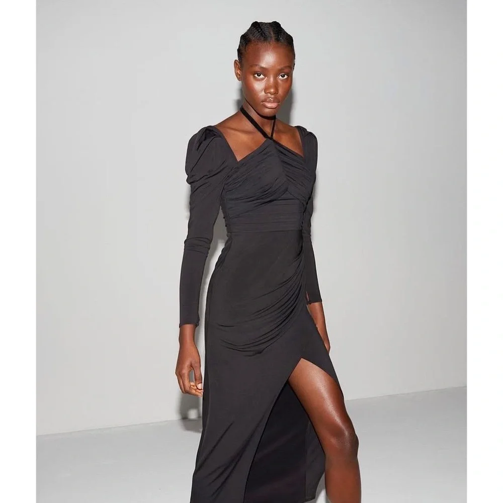 NWT Self-Portrait Jersey Gathered Midi Dress in Black - Picture 4 of 12